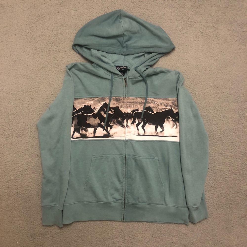 Wrangler Retro Horse Graphic Zip Up Hoodie Teal Blue Vtg Style Mens Medium